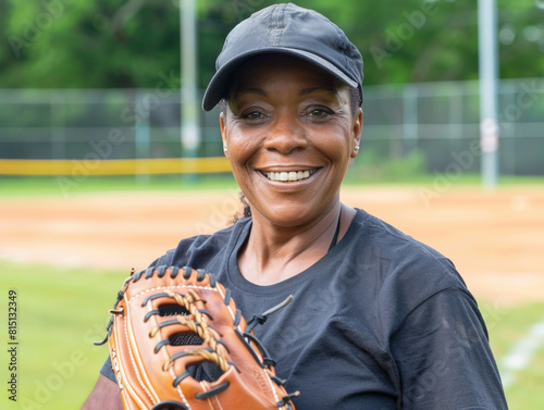 Headshot portrait of an attractive older black woman softball player. Looking at camera with a smile.