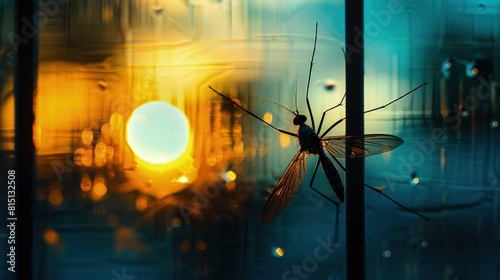  Crane fly resting on a window pane, twilight, silhouette. photo