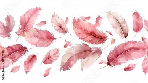   A sea of pink feathers dancing in a white sky against a pure white backdrop © Nadia