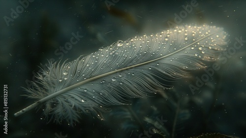  A close-up of a white feather with droplets of water on its feathers is in the foreground