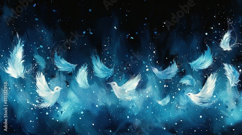  A painting depicts a flock of white doves soaring through the star-studded night sky, while snowflakes blanket the earth below photo