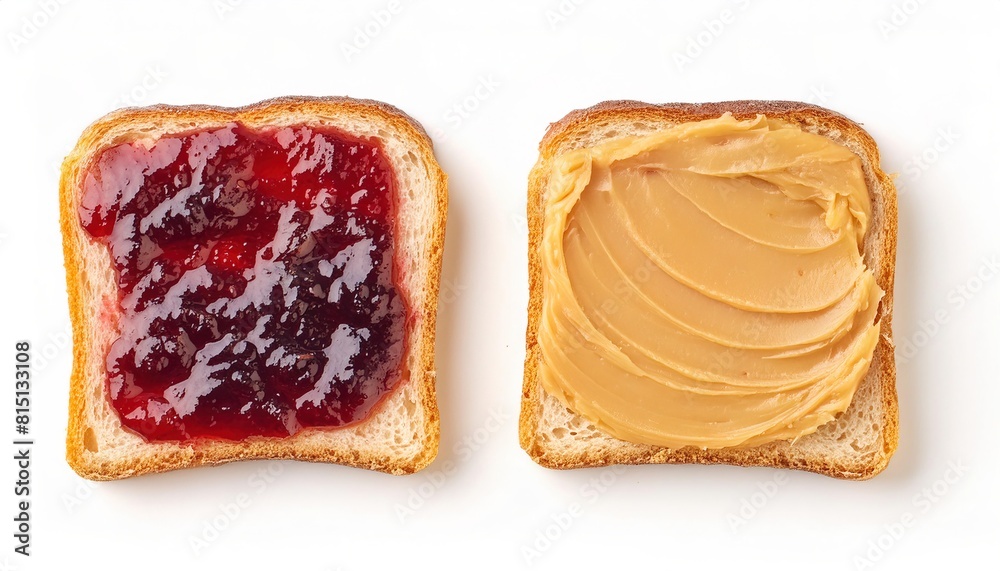 © Chase D’Animulls - Peanut butter and jelly sandwich on bread or toast isolated on white background. Breakfast or lunch snack. Vegetarian food. American cuisine top view of two halves un cut with spread and jam on both © Chase D’Animulls - Peanut butter and jelly sandwich on bread or toast isolated on white background. Breakfast or lunch snack. Vegetarian food. American cuisine top view of two halves un cut with spread and jam on both