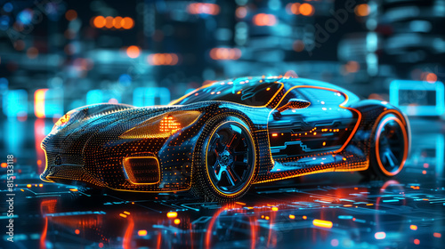futuristic car concept, cyberpunk style vehicle design. Wall Art Design for Home Decor, 4K Wallpaper and Background for desktop, laptop, Computer, Tablet, Mobile Cell Phone, Smartphone, Cellphone © YOAQ