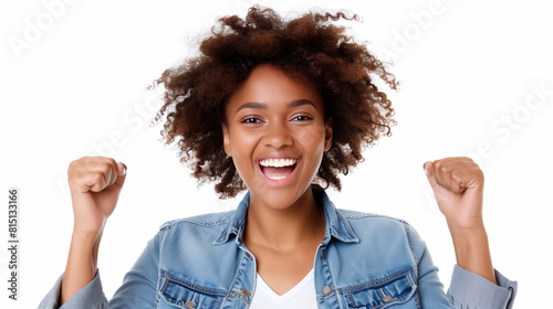 a smiling happy woman with fists clenched