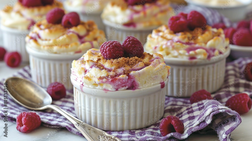 A close-up shot of tiny desserts adorned with raspberries on a tablecloth, with a spoon poised in front A close-up shot of tiny desserts adorned with raspberries on a tablecloth, with a spoon poised in front