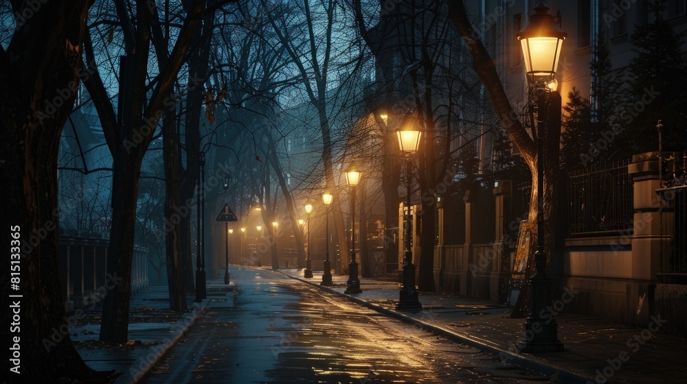  Deserted city street under the glow of old lampposts â€“ Mysterious evening.