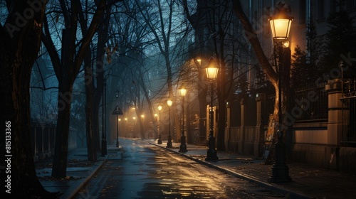  Deserted city street under the glow of old lampposts          Mysterious evening.