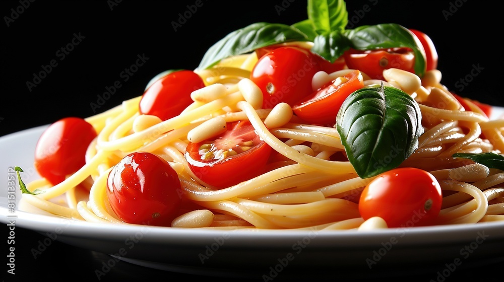 Close-up of black plate with pasta, tomatoes, basil & sun-dried tomatoes Close-up of black plate with pasta, tomatoes, basil & sun-dried tomatoes