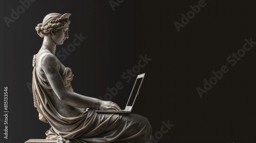 Goddess sculpture ancient working with laptop isolated dark background. Generated AI image