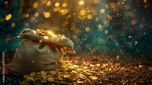 Money bag full of gold coins on bokeh background with copy space photo