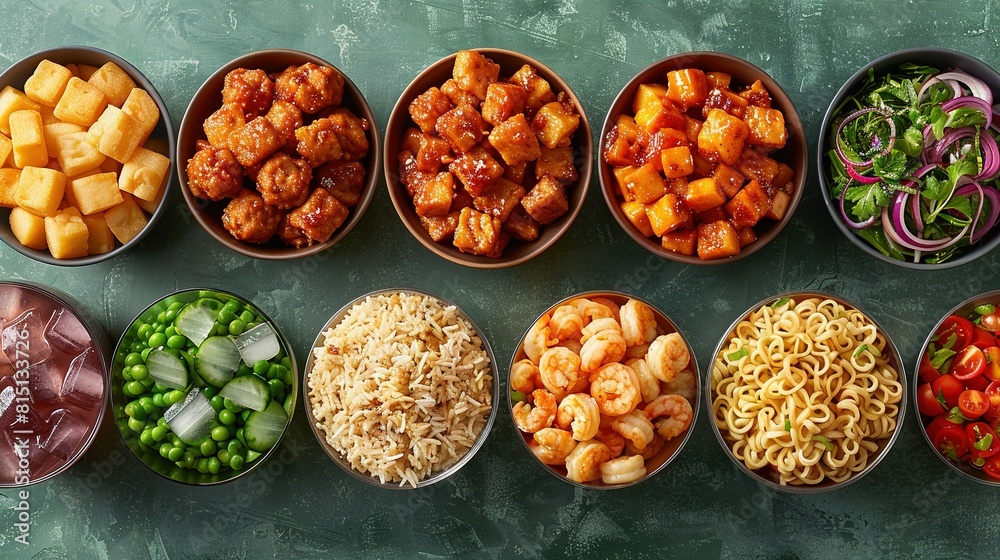 Table topped with various foods in bowls next to pasta and vegetables Table topped with various foods in bowls next to pasta and vegetables