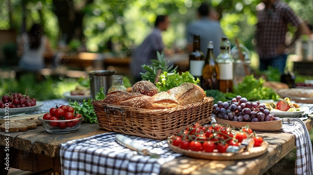 A basket of bread sits atop a table, next to baskets of fruit A basket of bread sits atop a table, next to baskets of fruit