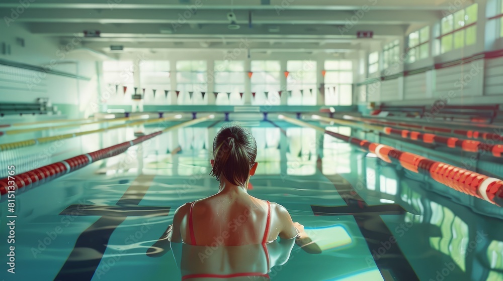 Early morning swim practice, pool lanes calm, swimmer focused. Early morning swim practice, pool lanes calm, swimmer focused.