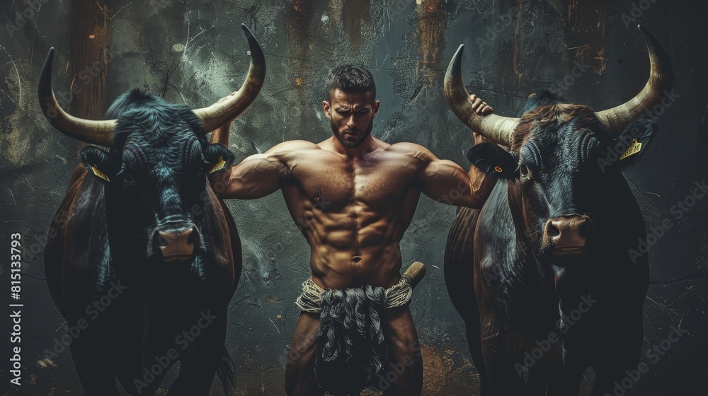 Fototapeta premium Muscular man with a well-defined physique, sporting a beard and a headband, standing between two large, horned bulls