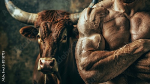 Portrait of a strong muscular man with a big bull on a dark background