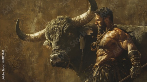 Portrait of a medieval warrior with a big buffalo on a grunge background