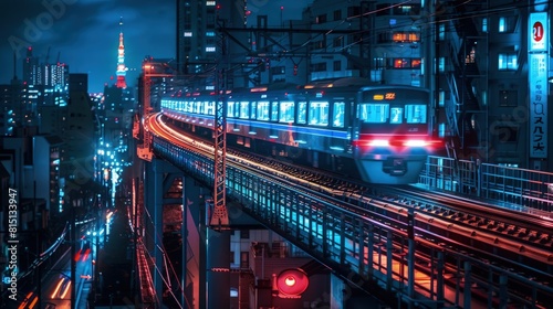  Elevated train line lit at night, trains passing â€“ Elevated glow. photo