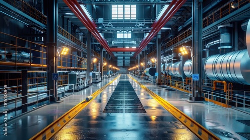  Emergency lights guiding pathways in a power plant. photo