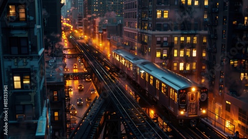  Elevated train line lit at night  trains passing          Elevated glow.