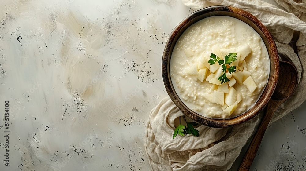   A wooden bowl holds mashed potatoes with parsley on white cloth, accompanied by a wooden spoon