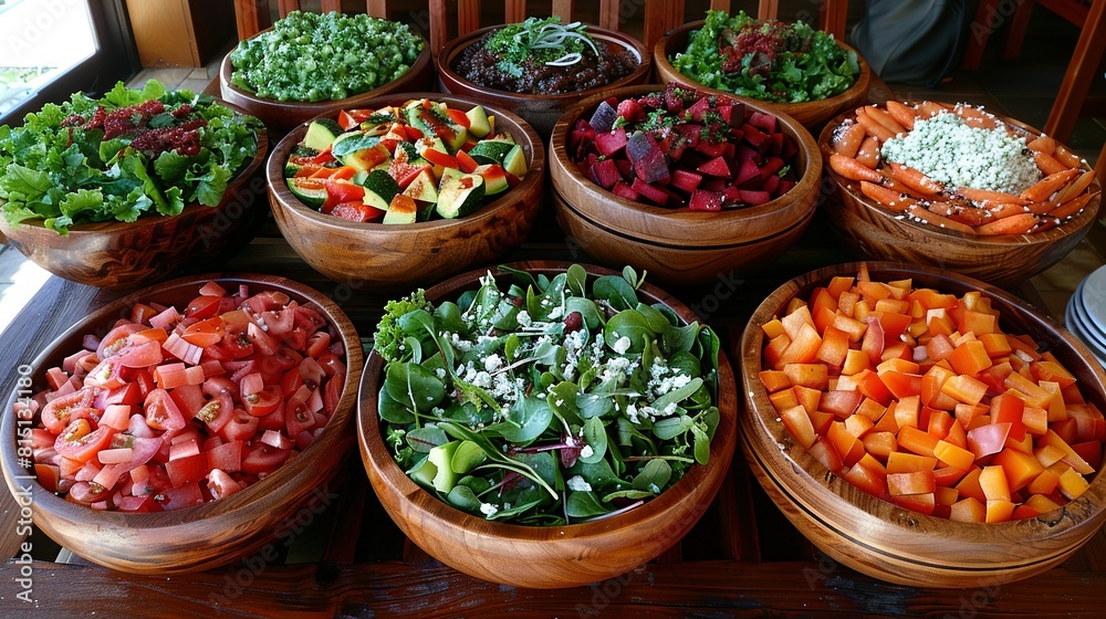  A wooden table holds various salads and vegetables in bowls