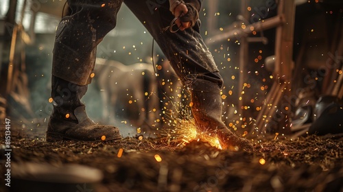  Farrier shoeing a horse, detailed craftsmanship, sparks flying, stable background, focused work. photo