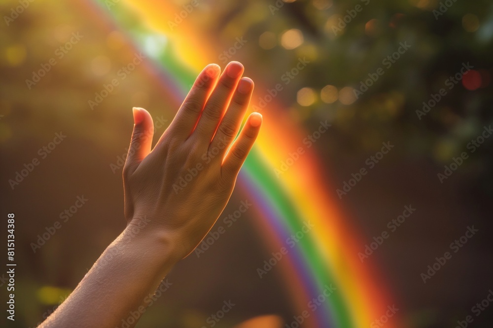 Colorful rainbow in the sky and human hand reaching out to touch it. Colorful rainbow in the sky and human hand reaching out to touch it.