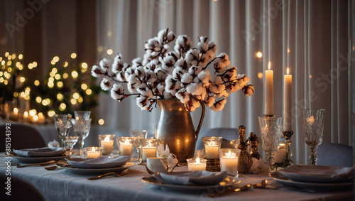 Cotton Blossoms and Fragrant Candles Accentuate a Classy Table Setting Near the Luminous Wall