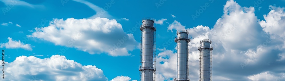 Large industrial pipes against a blue sky with clouds Large industrial pipes against a blue sky with clouds