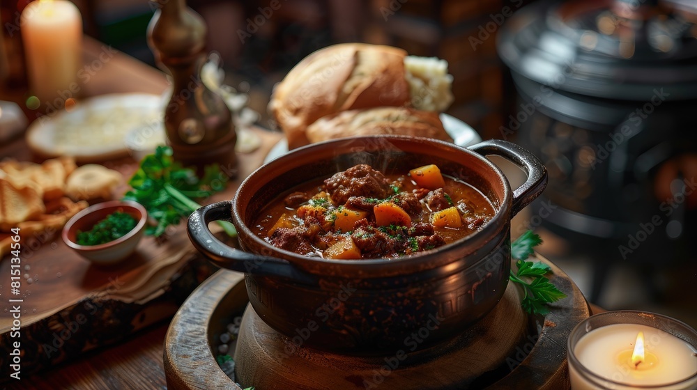 Fototapeta premium Hungarian goulash in a Budapest tavern, warm, inviting atmosphere, historic decor.