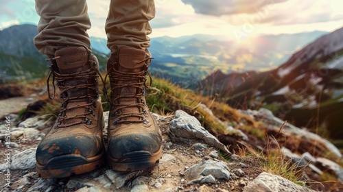  Hiking boots on mountain path, rugged terrain, adventure theme, wide view .