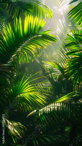 A tropical forest with green leaves and sunlight.