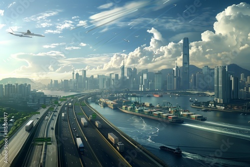 The image shows a large city with many skyscrapers and a river running through it