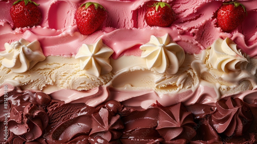 Neapolitan ice cream, layers of chocolate, vanilla, and strawberry. Neapolitan ice cream, layers of chocolate, vanilla, and strawberry.