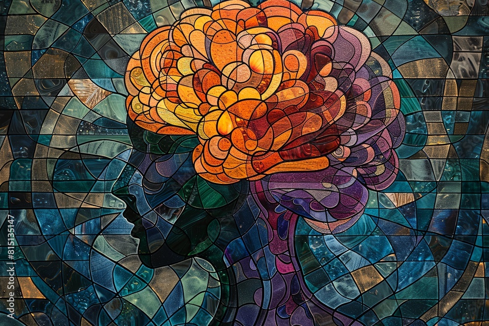 A brain with a red spot on it is shown in a stained glass window A brain with a red spot on it is shown in a stained glass window