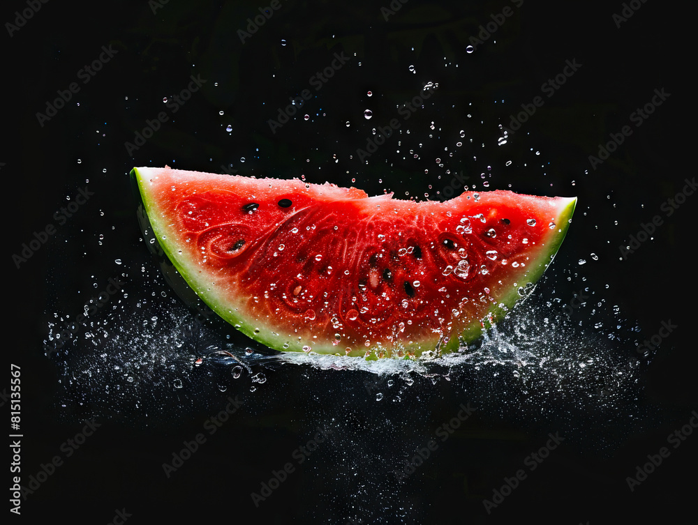 Watermelon splashed with water on black background. Watermelon splashed with water on black background.