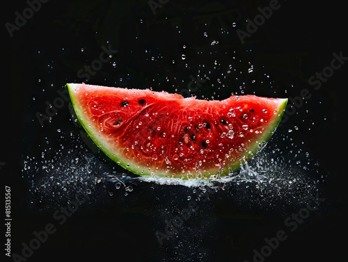 Watermelon splashed with water on black background.