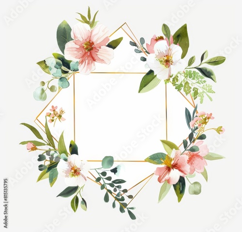 Watercolor pink flowers with green leaves and a gold geometric frame 