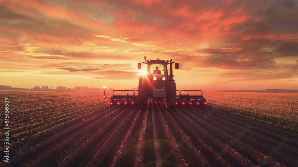 Self-driving farm tractor in a vast field, high-tech agriculture, sunset. Self-driving farm tractor in a vast field, high-tech agriculture, sunset.