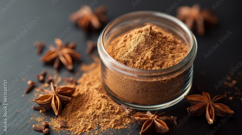 Star anise powder, finely ground, in a small glass jar. Star anise powder, finely ground, in a small glass jar.