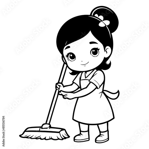 Vector illustration of a cute Housekeeper drawing colouring activity