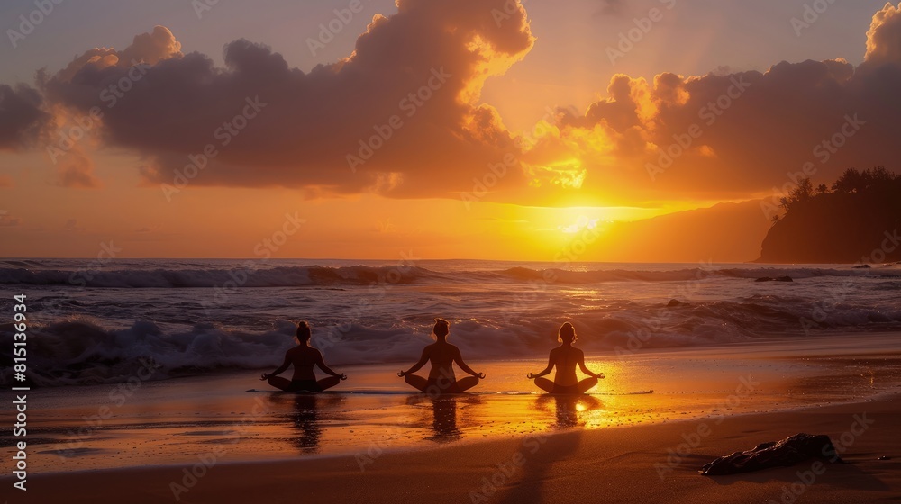  Sunrise beach yoga, silhouettes against the ocean, peaceful morning ritual .