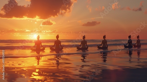  Sunrise beach yoga  silhouettes against the ocean  peaceful morning ritual .