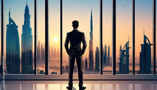 Young entrepreneur business man looking out from the office glass window to Dubai city. Young businessman standing in his modern office looking out Dubai buildings and sunsetting generative ai © Chaudhry