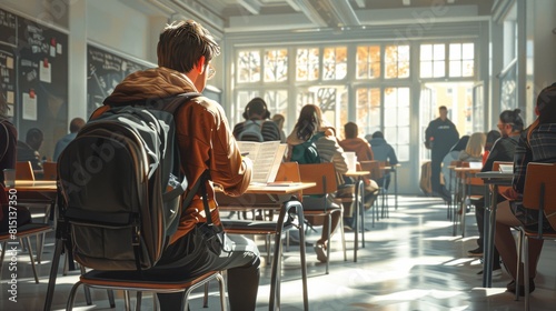 An illustration of a young student sitting at a table in a sunlit classroom with other students studying around photo