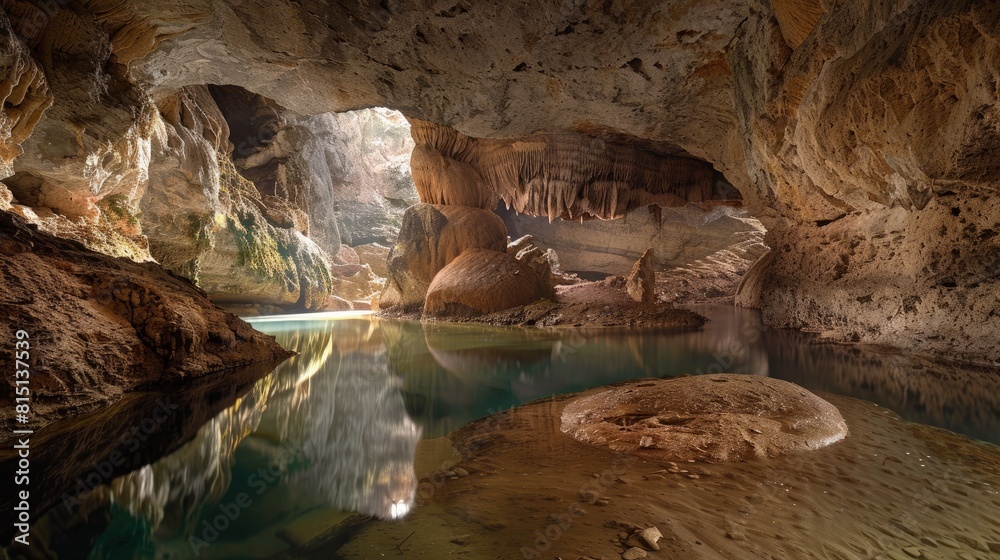 The sound of an underground river echoing against cave walls, a hidden force of nature. The sound of an underground river echoing against cave walls, a hidden force of nature.