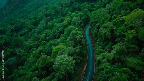 Aerial top view beautiful curve road on green forest in the rain season 