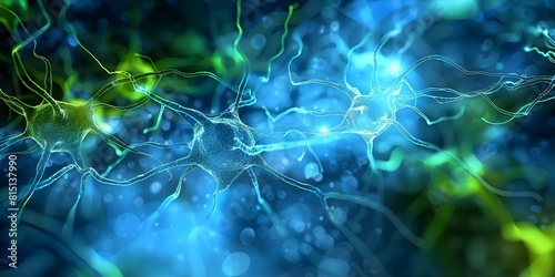 Neuron cells glowing with blue and green links sending signals in synapse. Concept Biology, Neurons, Synapse, Brain Science, Cellular Communication