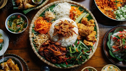At birthday parties or Thanksgiving celebrations a vibrant spread of Nasi Tumpeng complete with fragrant cone shaped rice Indonesian urap urap salad crispy fried chicken and savory noodles  photo