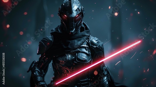 A dark figure with a red glowing sword.
